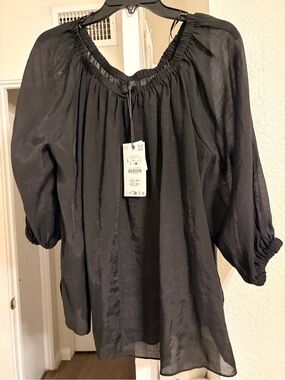 Zara Black Sheer Off-Shoulder Peasant Blouse